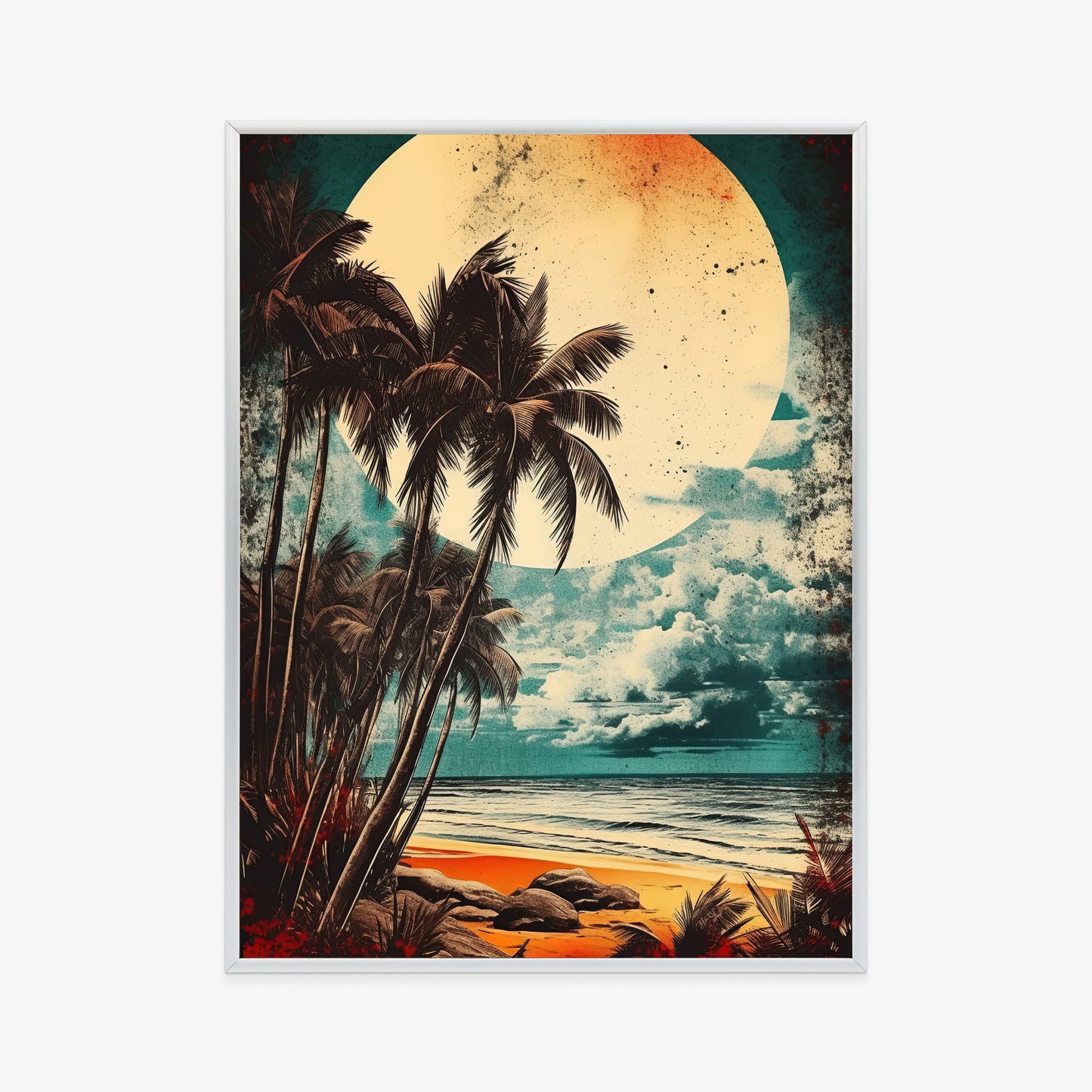 Poster Tropischer Strand Mit Sonne Und Vintage-Palmen Rahmen Holz Mit Passepartout Farbe Natürlich
