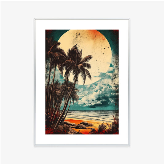 Poster Tropischer Strand Mit Sonne Und Vintage-Palmen Rahmen Holz Mit Passepartout Farbe Natürlich