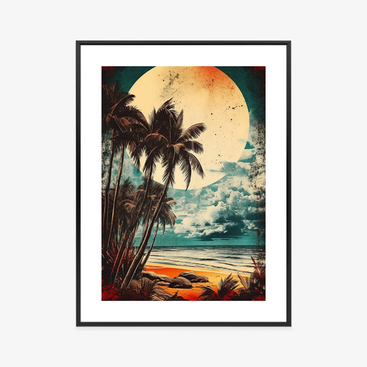 Poster Tropischer Strand Mit Sonne Und Vintage-Palmen Rahmen Holz Mit Passepartout Farbe Natürlich