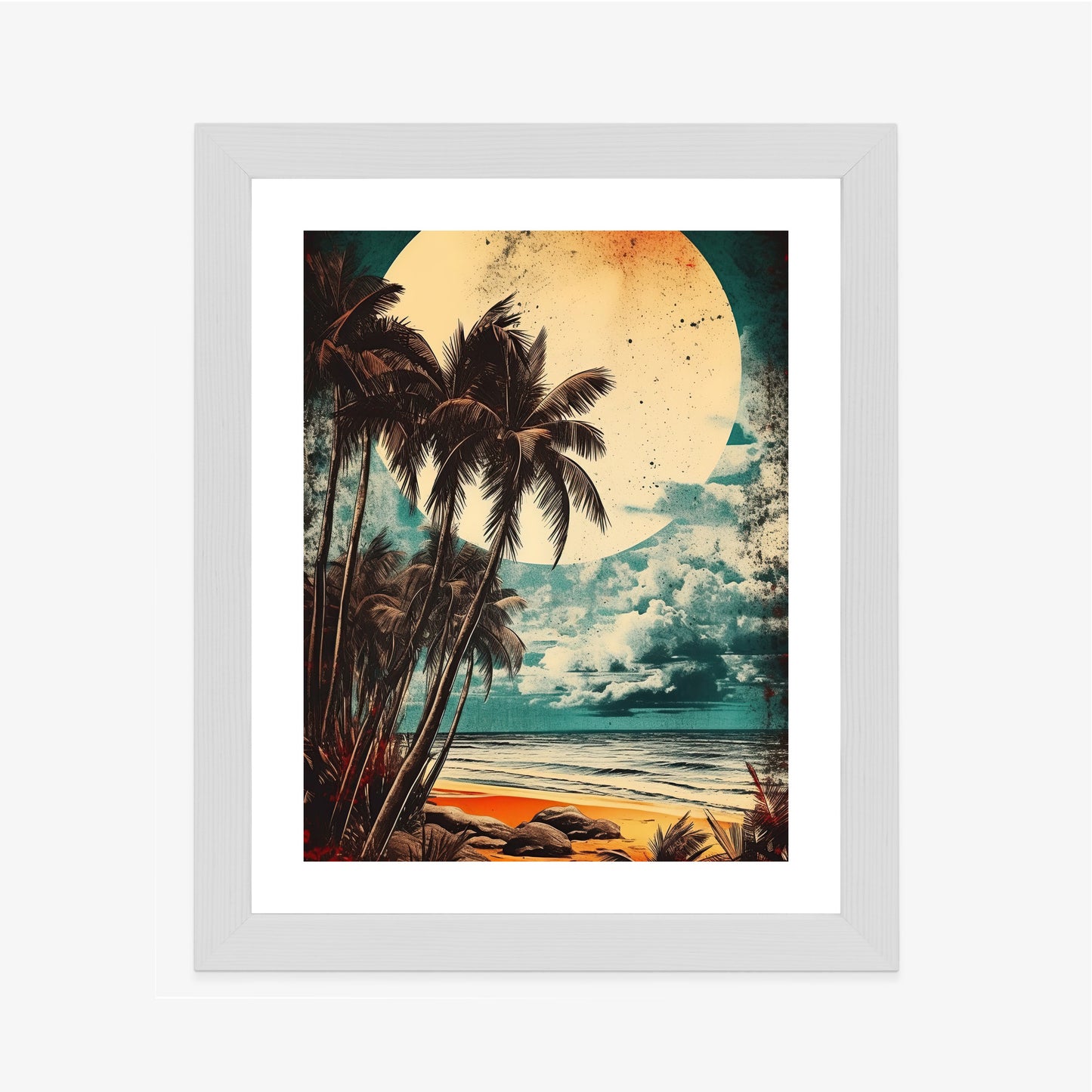 Poster Tropischer Strand Mit Sonne Und Vintage-Palmen Rahmen Holz Mit Passepartout Farbe Natürlich