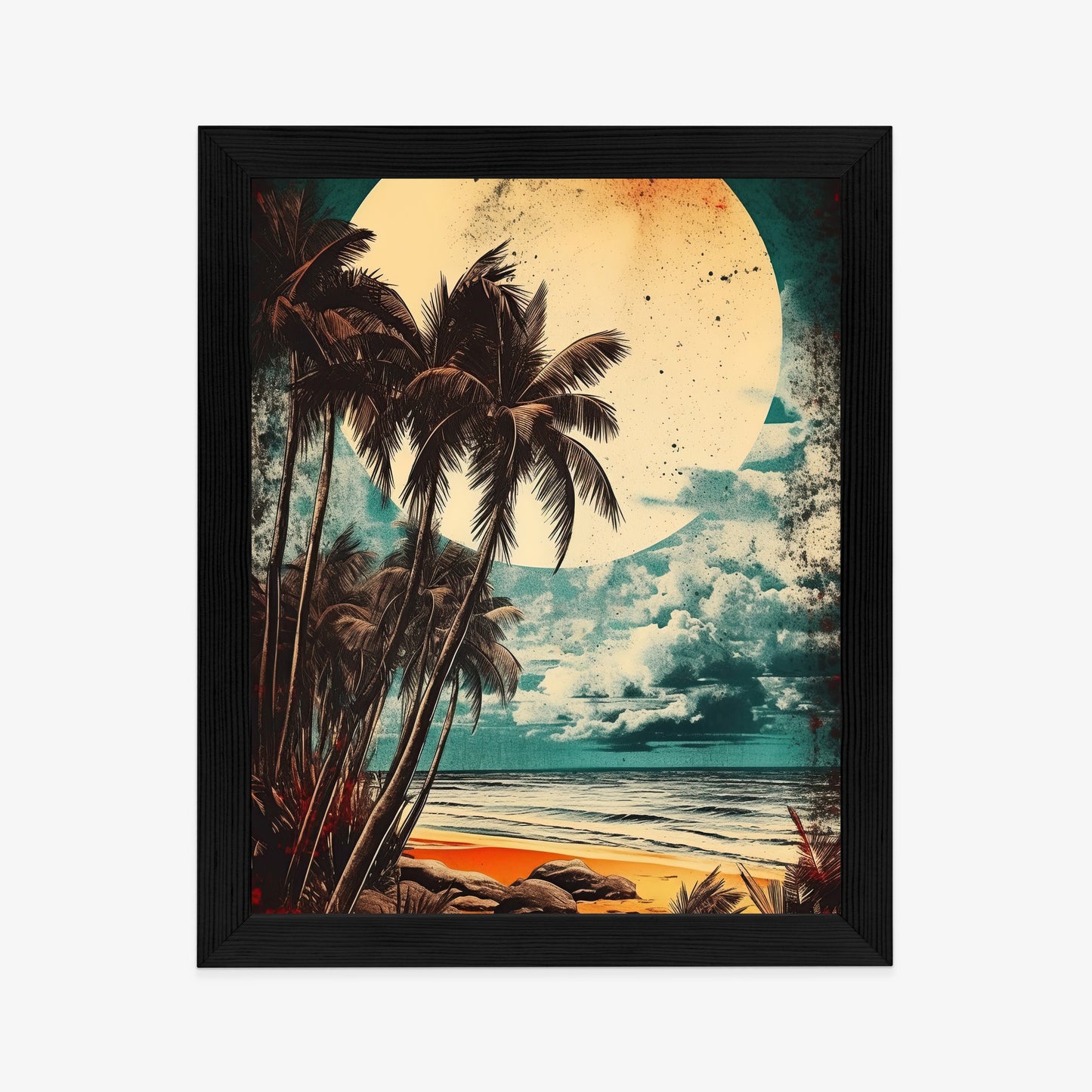 Poster Tropischer Strand Mit Sonne Und Vintage-Palmen Rahmen Holz Mit Passepartout Farbe Natürlich