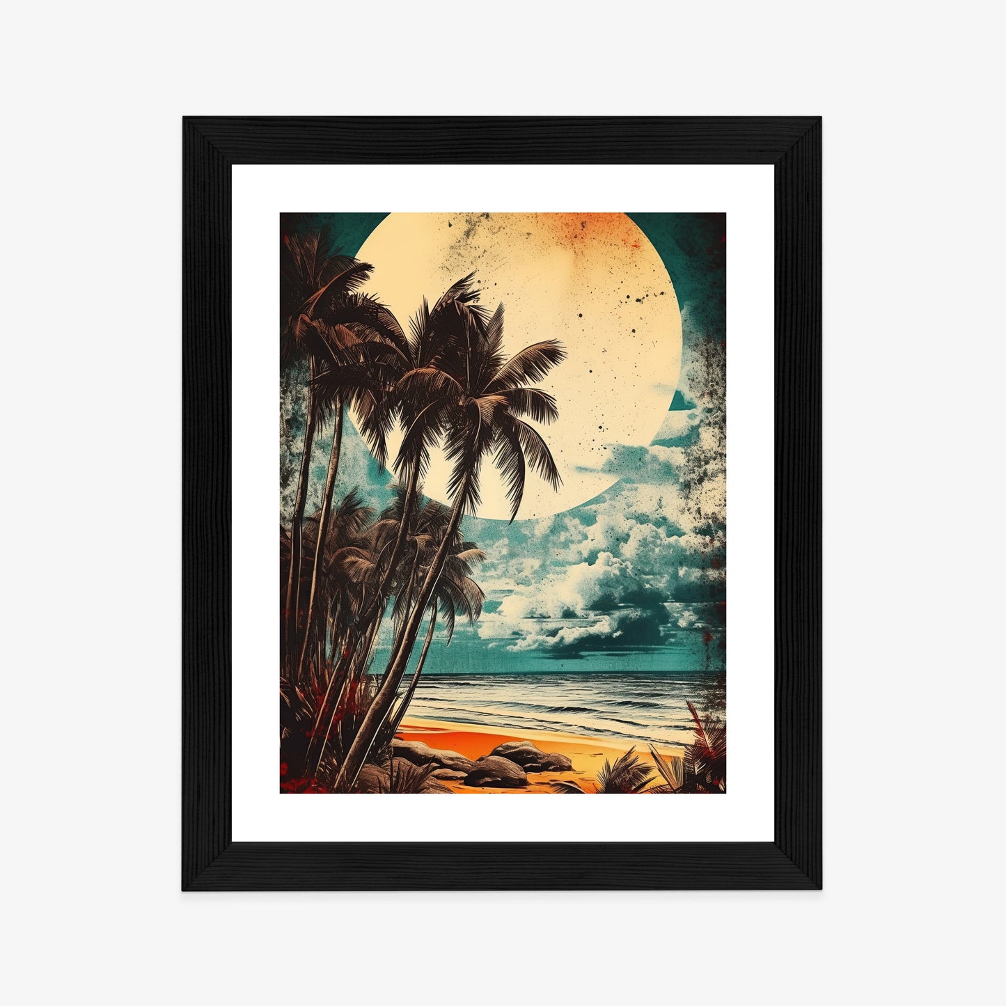 Poster Tropischer Strand Mit Sonne Und Vintage-Palmen Rahmen Holz Mit Passepartout Farbe Natürlich