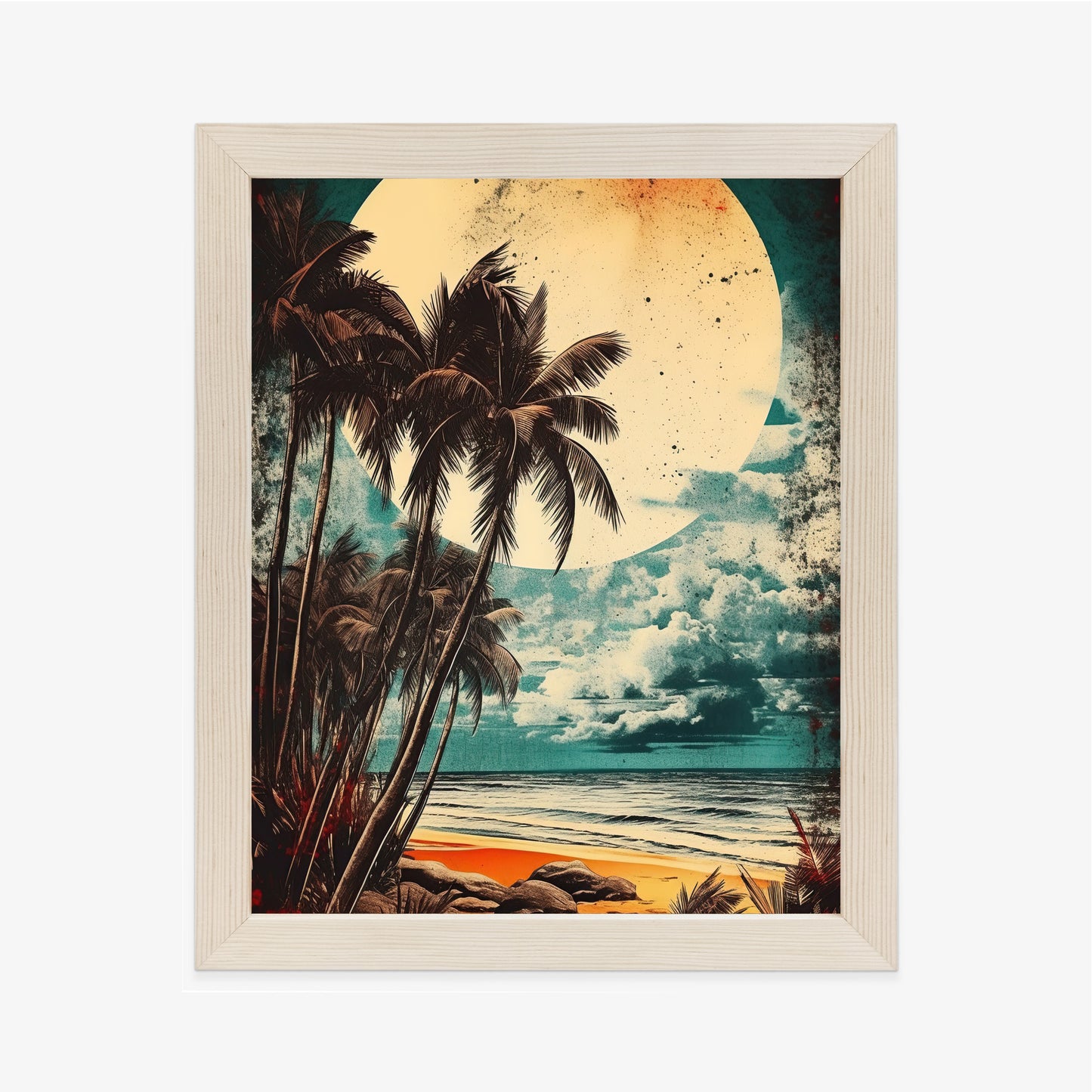 Poster Tropischer Strand Mit Sonne Und Vintage-Palmen Rahmen Holz Mit Passepartout Farbe Natürlich