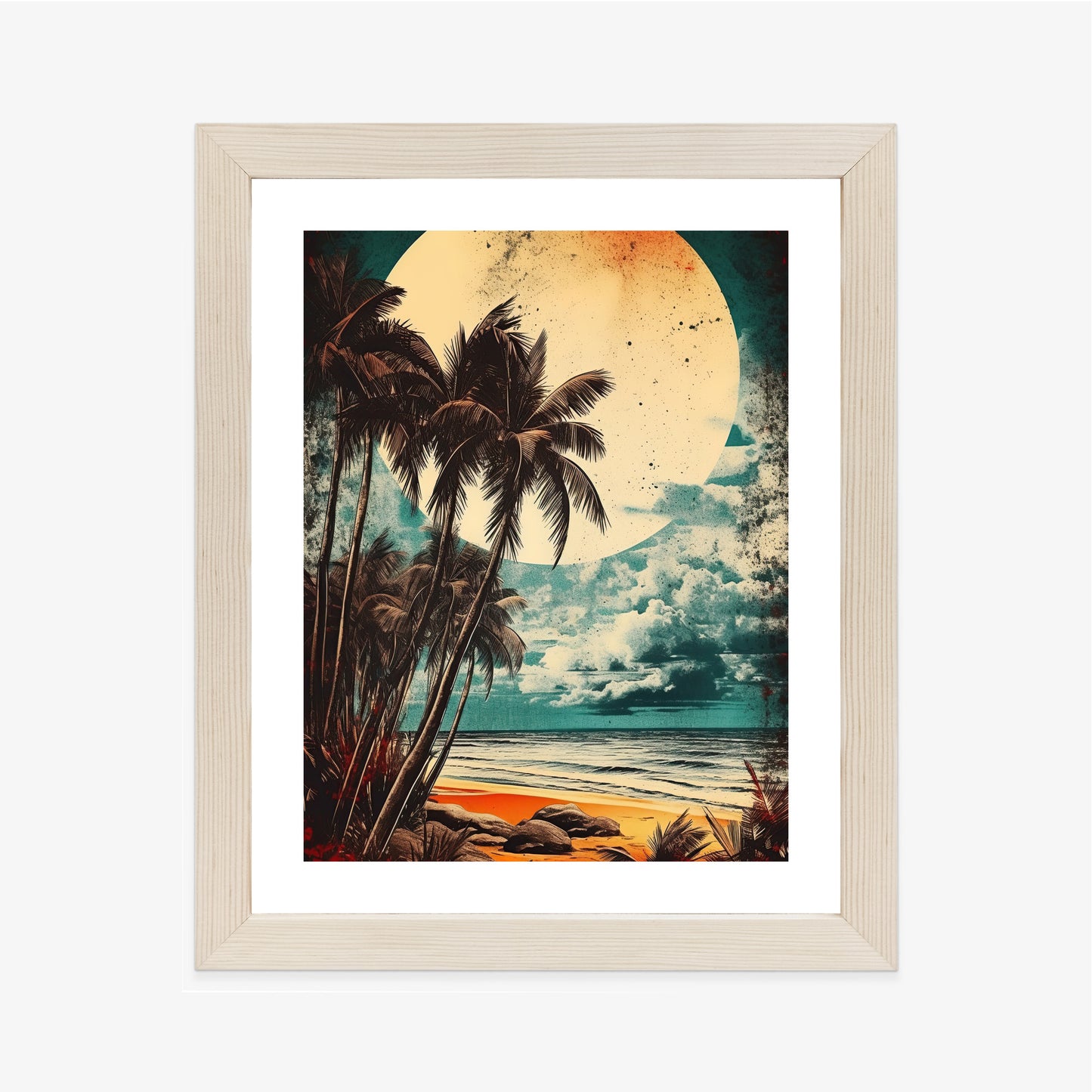 Poster Tropischer Strand Mit Sonne Und Vintage-Palmen Rahmen Holz Mit Passepartout Farbe Natürlich