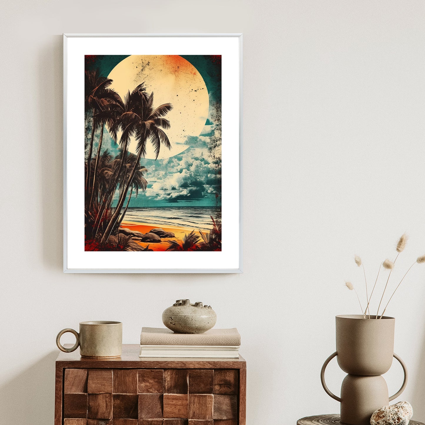 Poster Tropischer Strand Mit Sonne Und Vintage-Palmen Rahmen Holz Mit Passepartout Farbe Natürlich