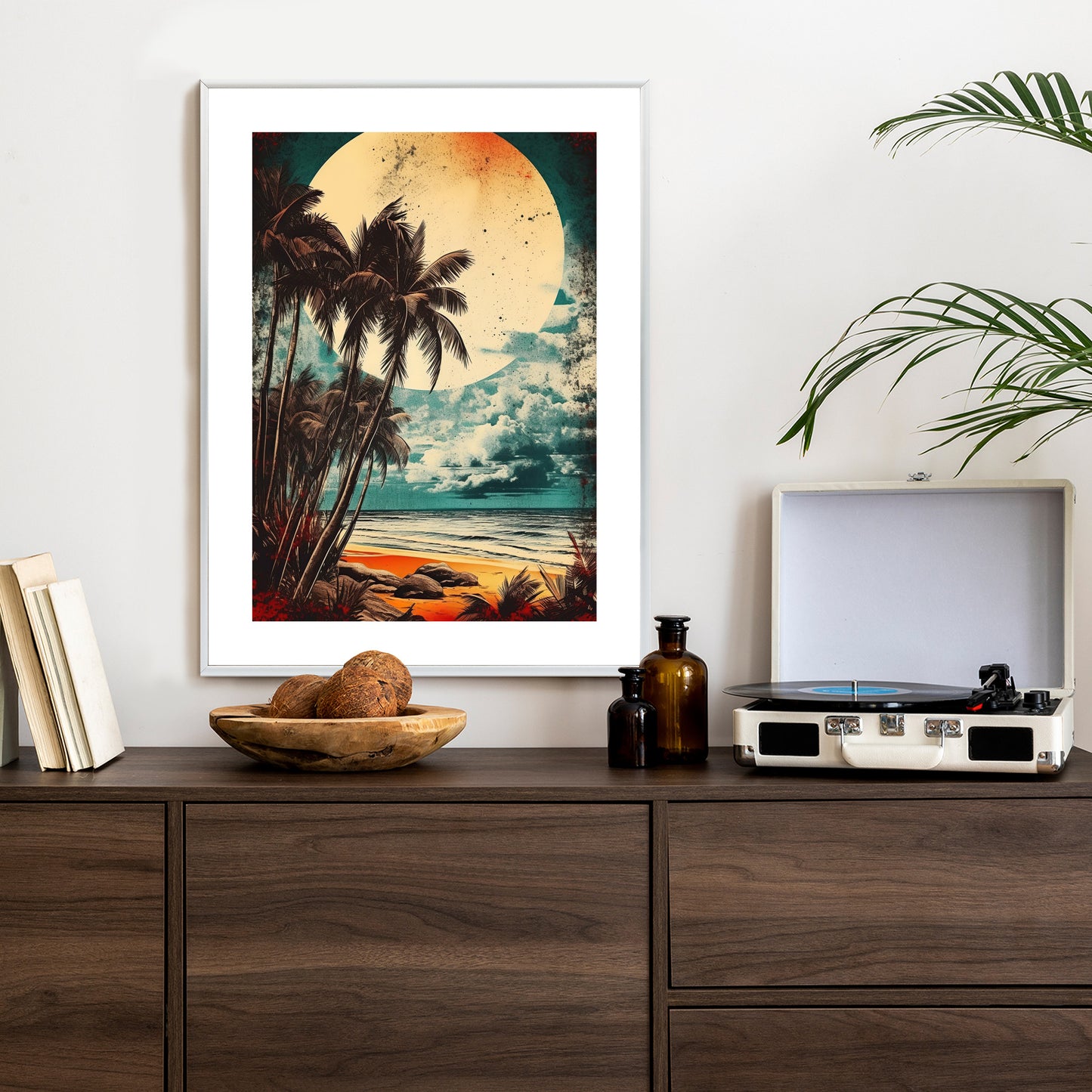 Poster Tropischer Strand Mit Sonne Und Vintage-Palmen Rahmen Holz Mit Passepartout Farbe Natürlich