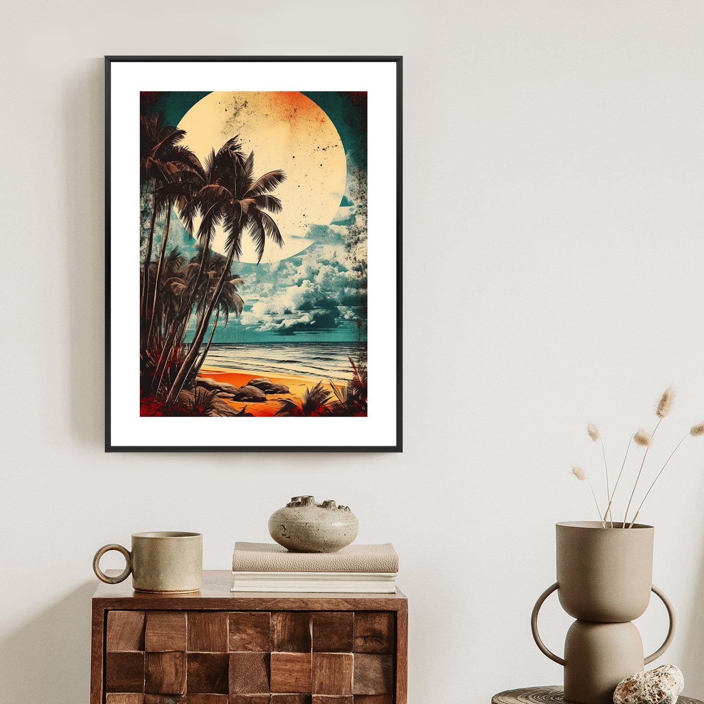 Poster Tropischer Strand Mit Sonne Und Vintage-Palmen Rahmen Holz Mit Passepartout Farbe Natürlich
