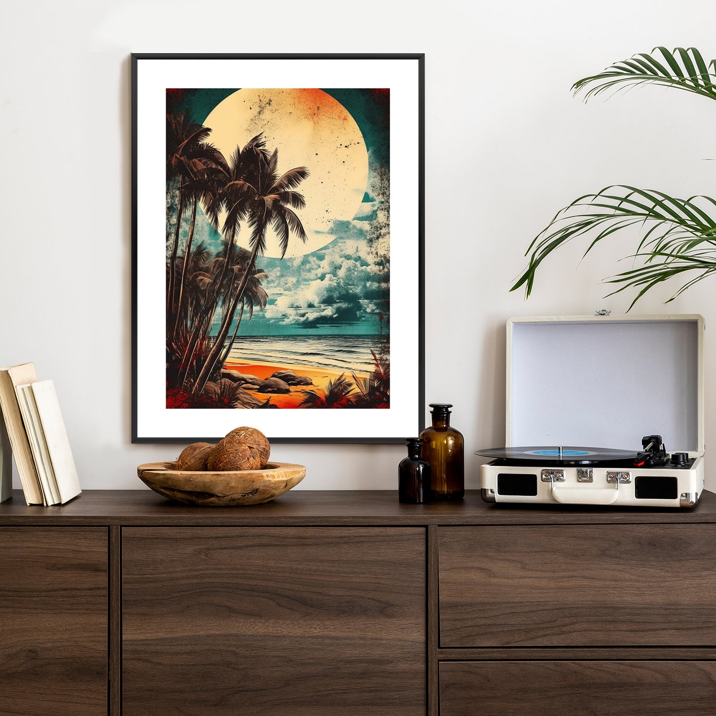 Poster Tropischer Strand Mit Sonne Und Vintage-Palmen Rahmen Holz Mit Passepartout Farbe Natürlich
