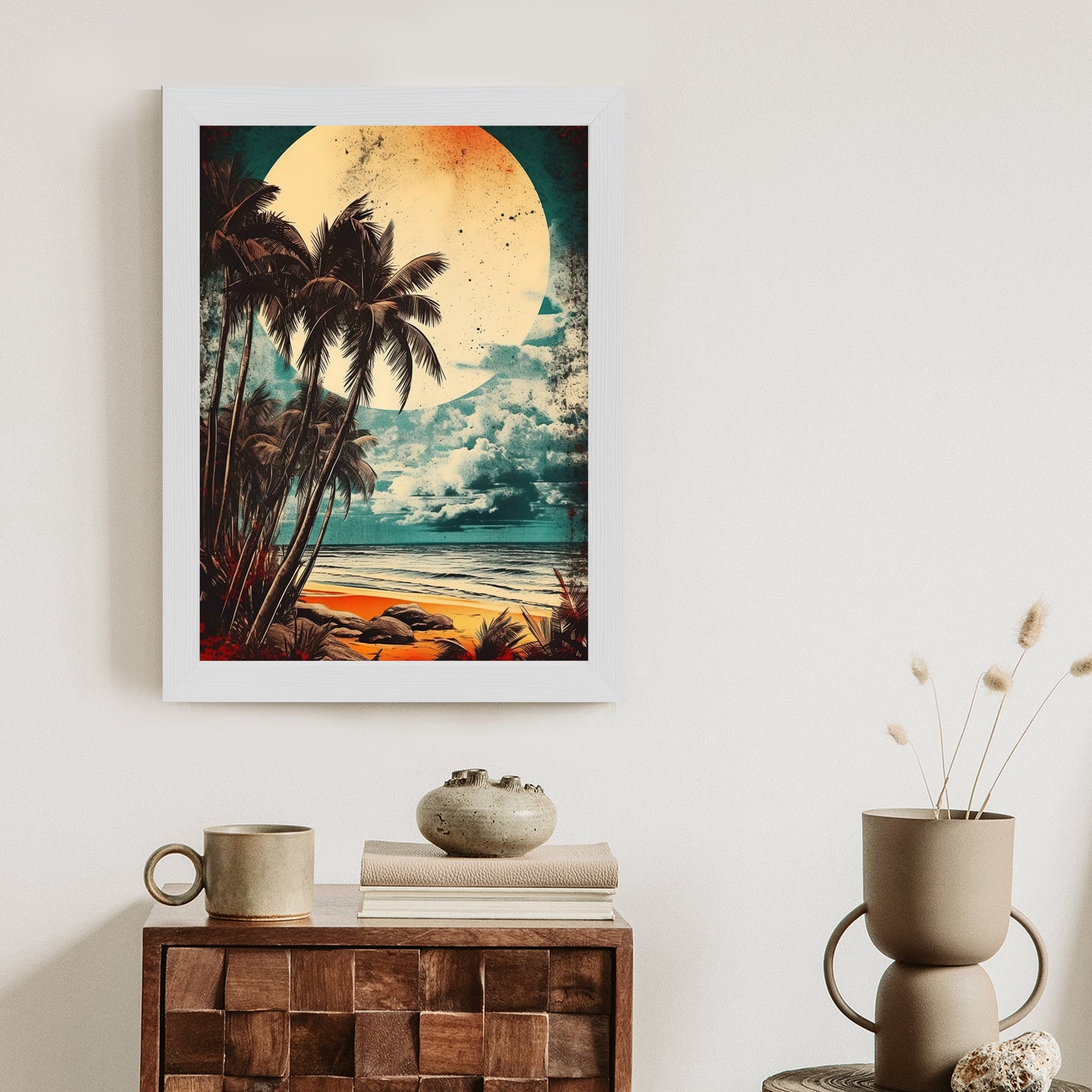 Poster Tropischer Strand Mit Sonne Und Vintage-Palmen Rahmen Holz Mit Passepartout Farbe Natürlich