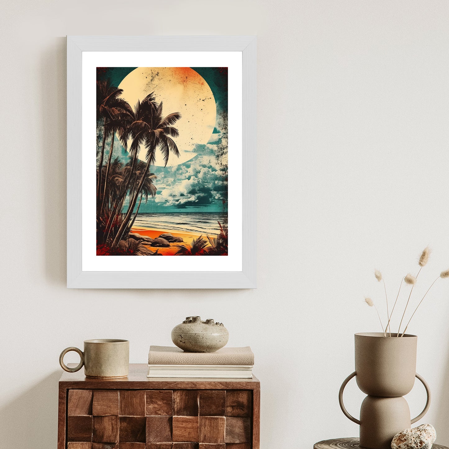 Poster Tropischer Strand Mit Sonne Und Vintage-Palmen Rahmen Holz Mit Passepartout Farbe Natürlich