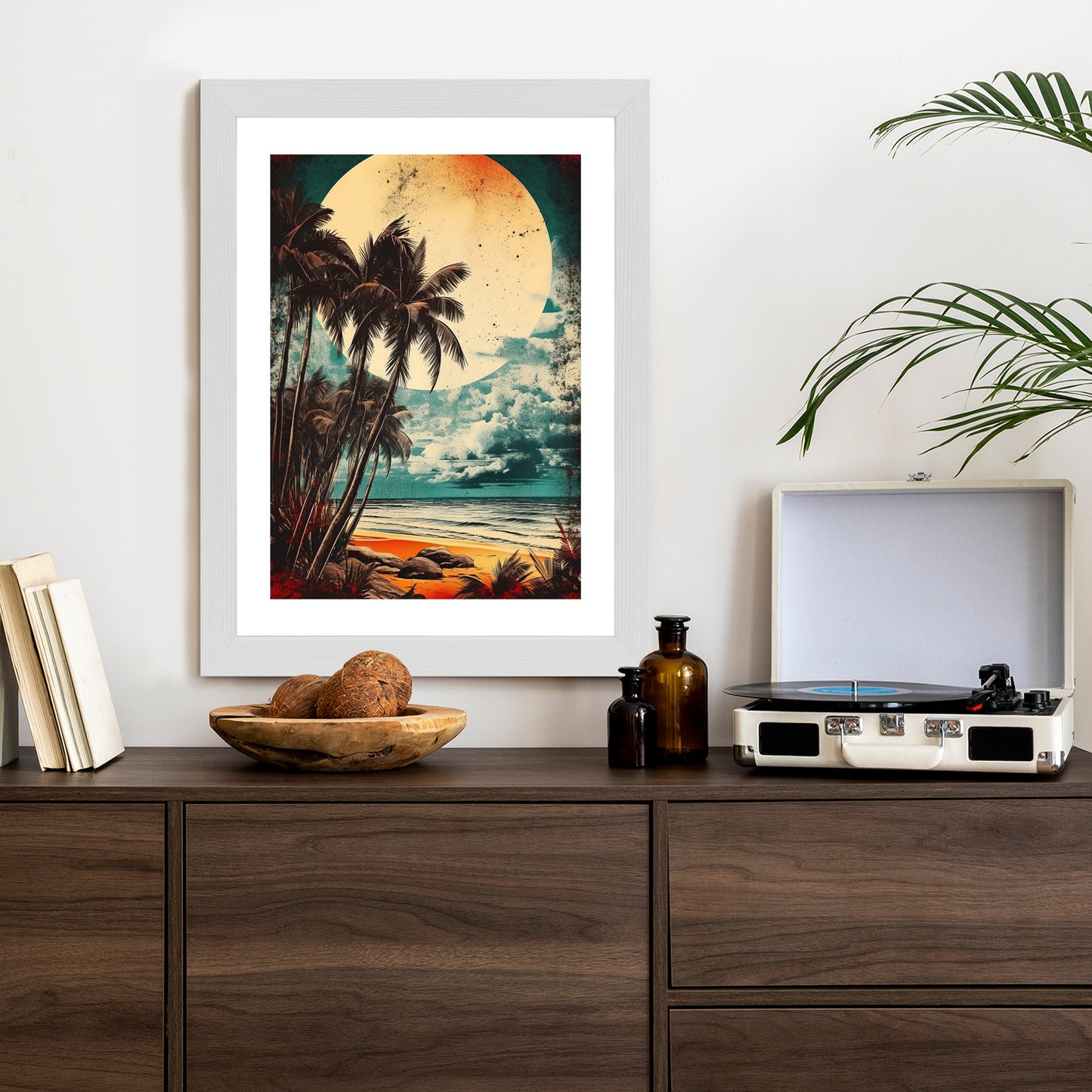 Poster Tropischer Strand Mit Sonne Und Vintage-Palmen Rahmen Holz Mit Passepartout Farbe Natürlich