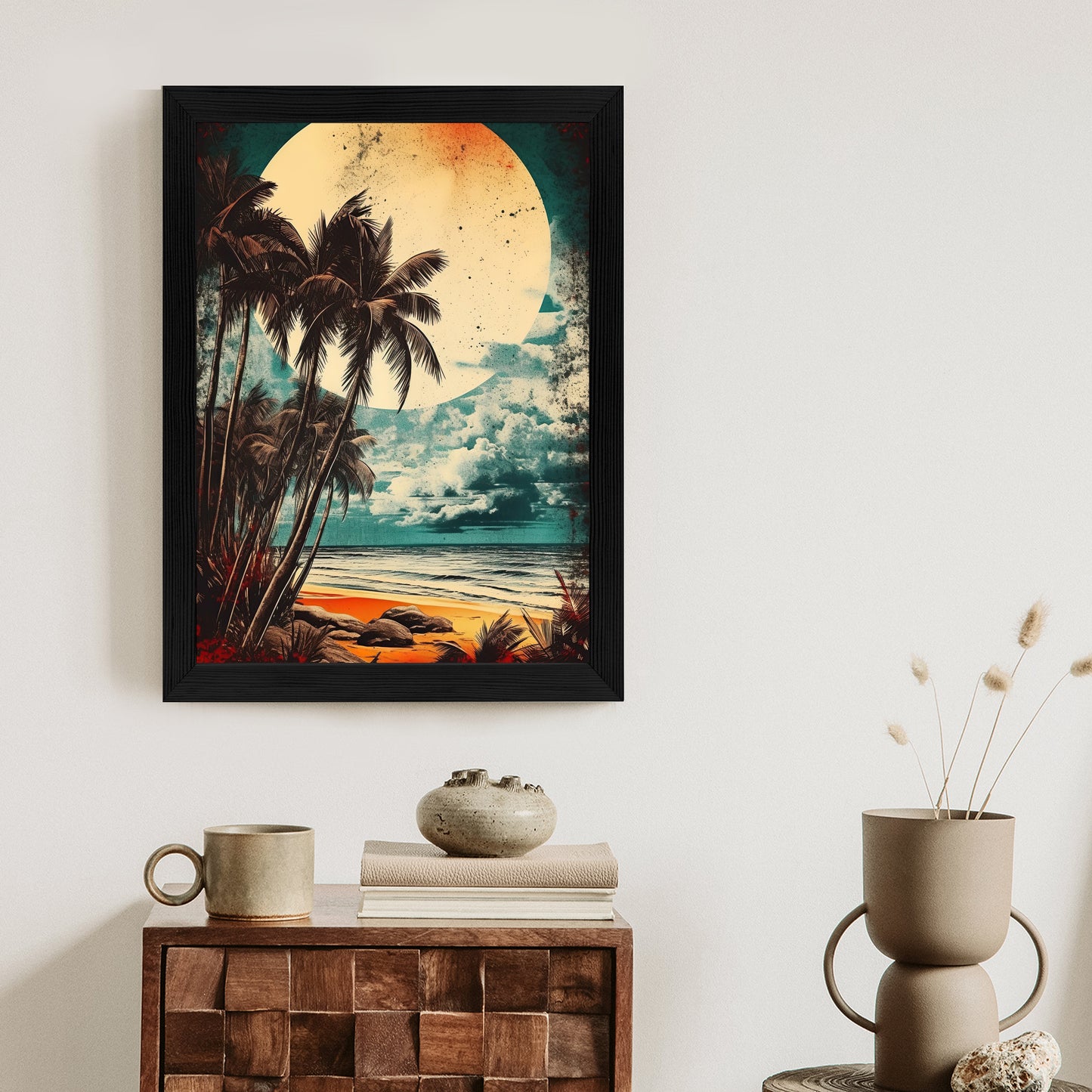 Poster Tropischer Strand Mit Sonne Und Vintage-Palmen Rahmen Holz Mit Passepartout Farbe Natürlich