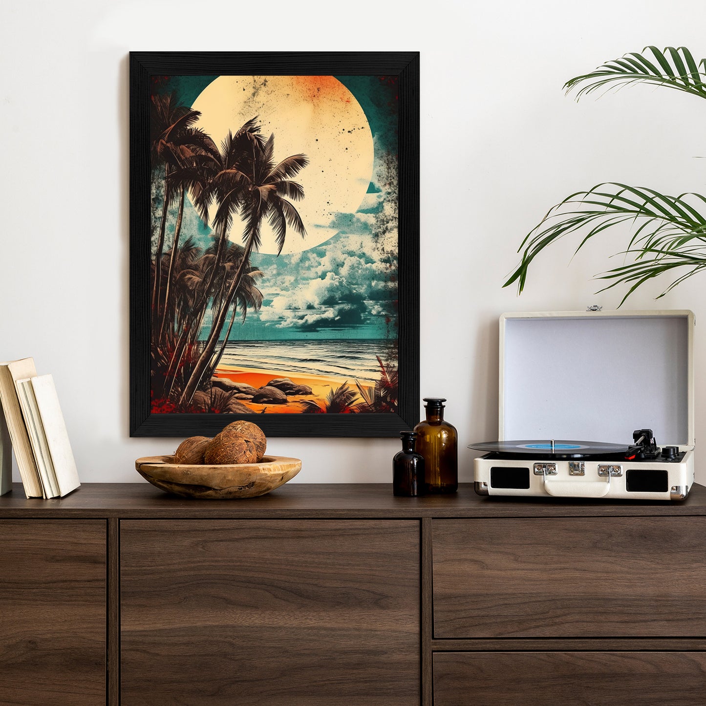 Poster Tropischer Strand Mit Sonne Und Vintage-Palmen Rahmen Holz Mit Passepartout Farbe Natürlich