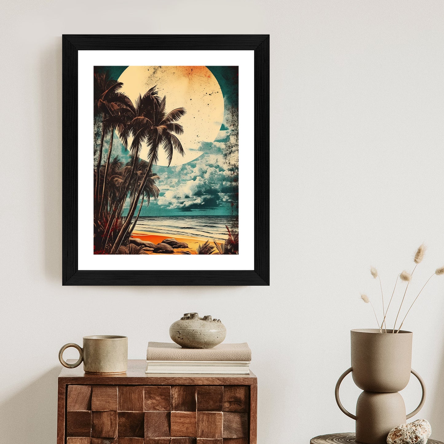Poster Tropischer Strand Mit Sonne Und Vintage-Palmen Rahmen Holz Mit Passepartout Farbe Natürlich