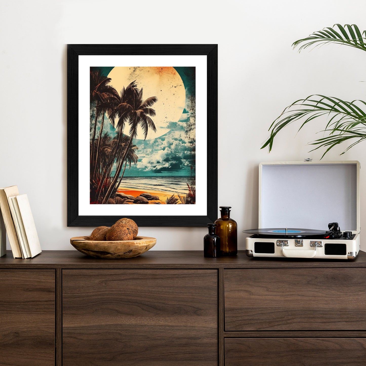 Poster Tropischer Strand Mit Sonne Und Vintage-Palmen Rahmen Holz Mit Passepartout Farbe Natürlich