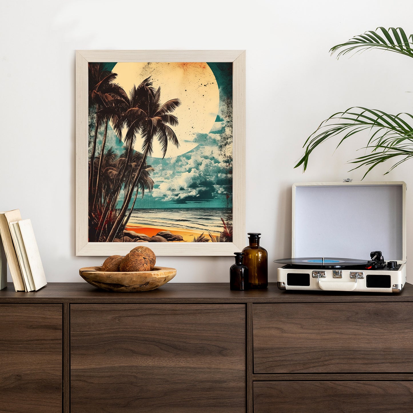 Poster Tropischer Strand Mit Sonne Und Vintage-Palmen Rahmen Holz Mit Passepartout Farbe Natürlich