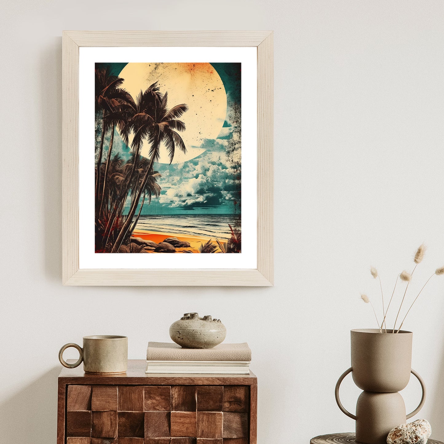 Poster Tropischer Strand Mit Sonne Und Vintage-Palmen Rahmen Holz Mit Passepartout Farbe Natürlich