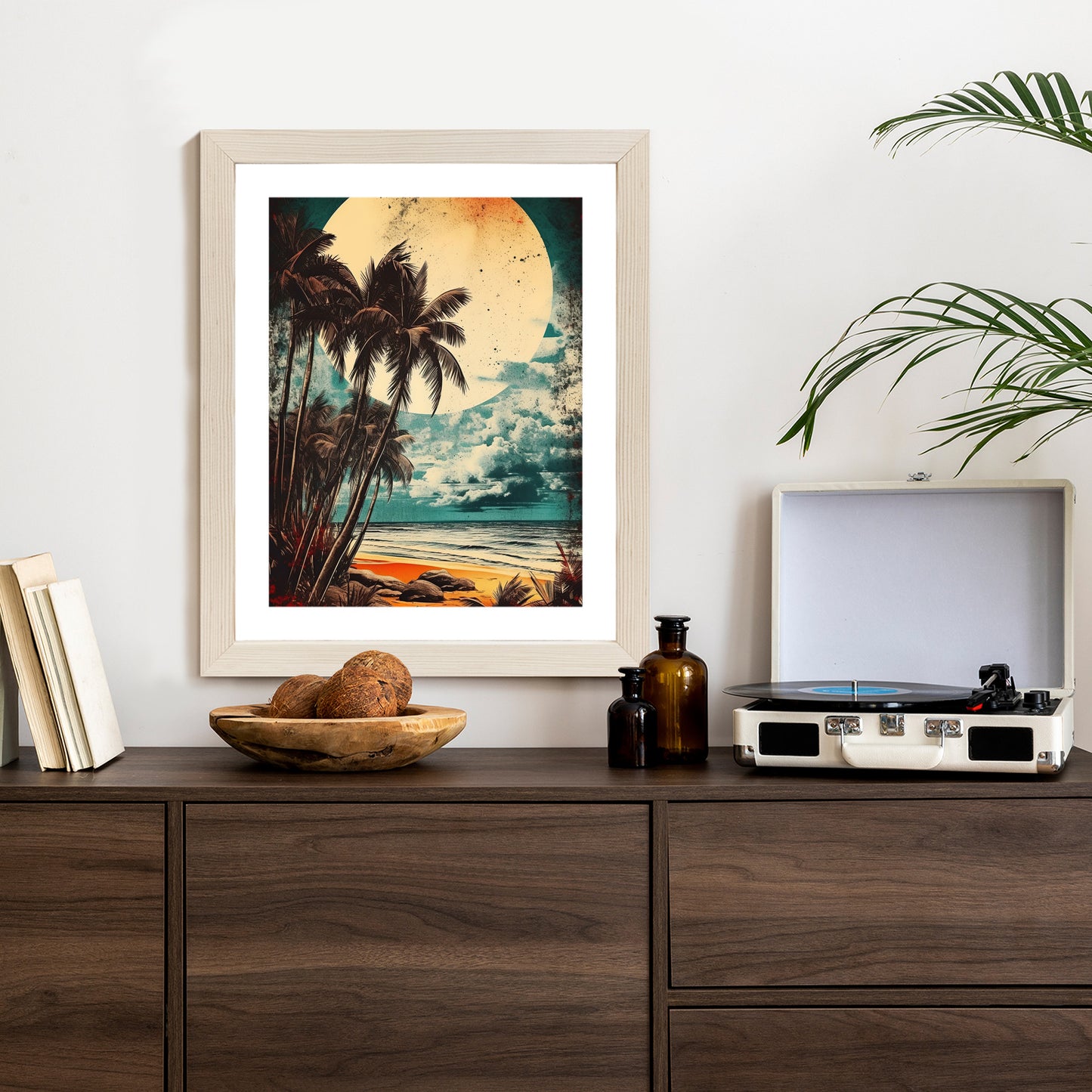 Poster Tropischer Strand Mit Sonne Und Vintage-Palmen Rahmen Holz Mit Passepartout Farbe Natürlich