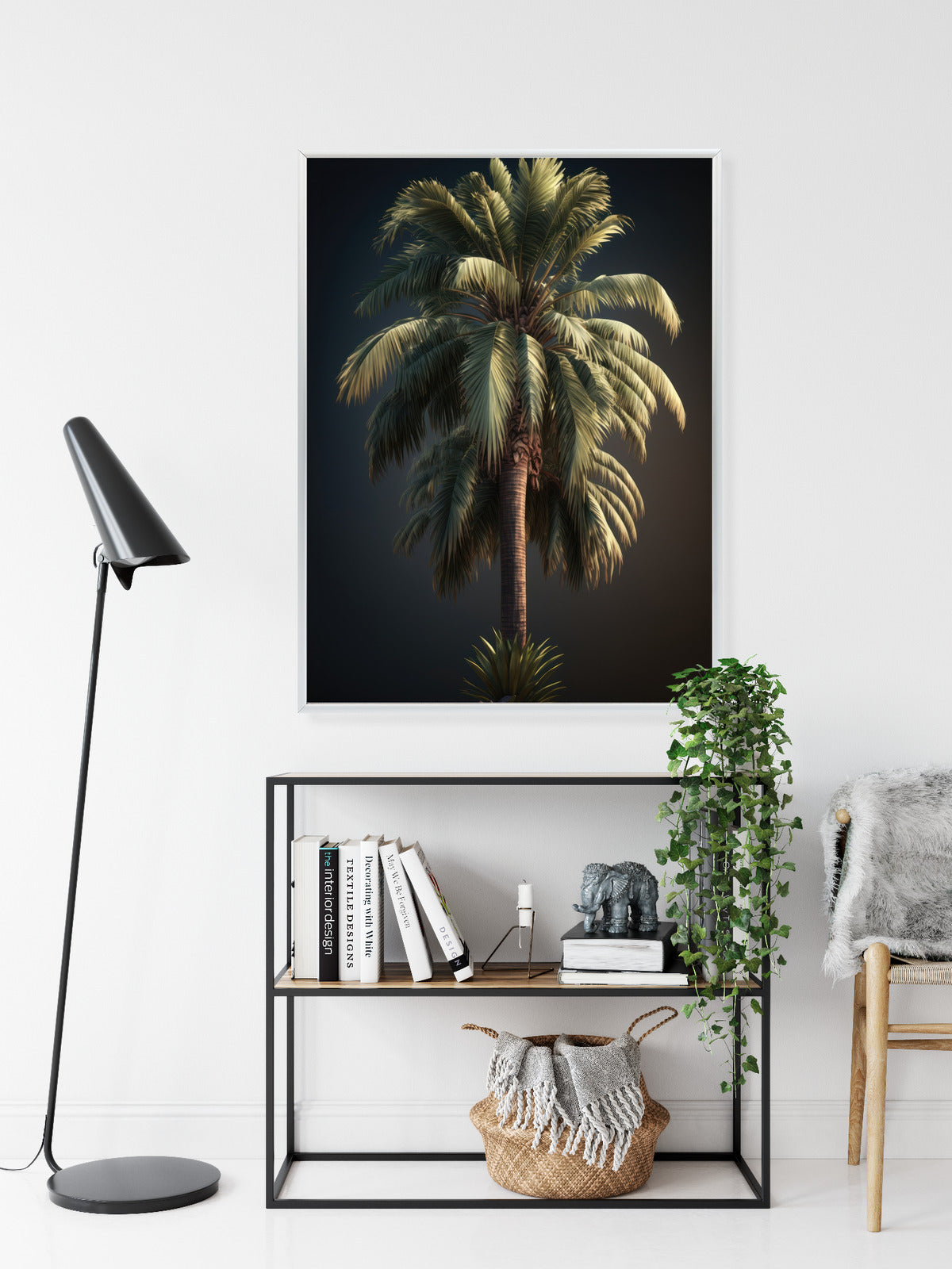 Poster Einsame Palme Auf Dunklem Hintergrund Rahmen Holz Mit Passepartout Farbe Natürlich