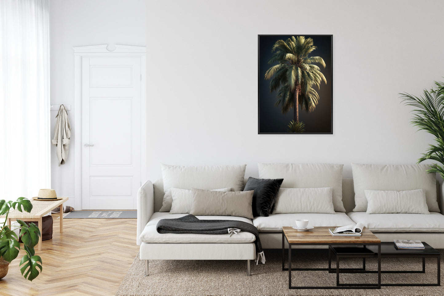 Poster Einsame Palme Auf Dunklem Hintergrund Rahmen Holz Mit Passepartout Farbe Natürlich
