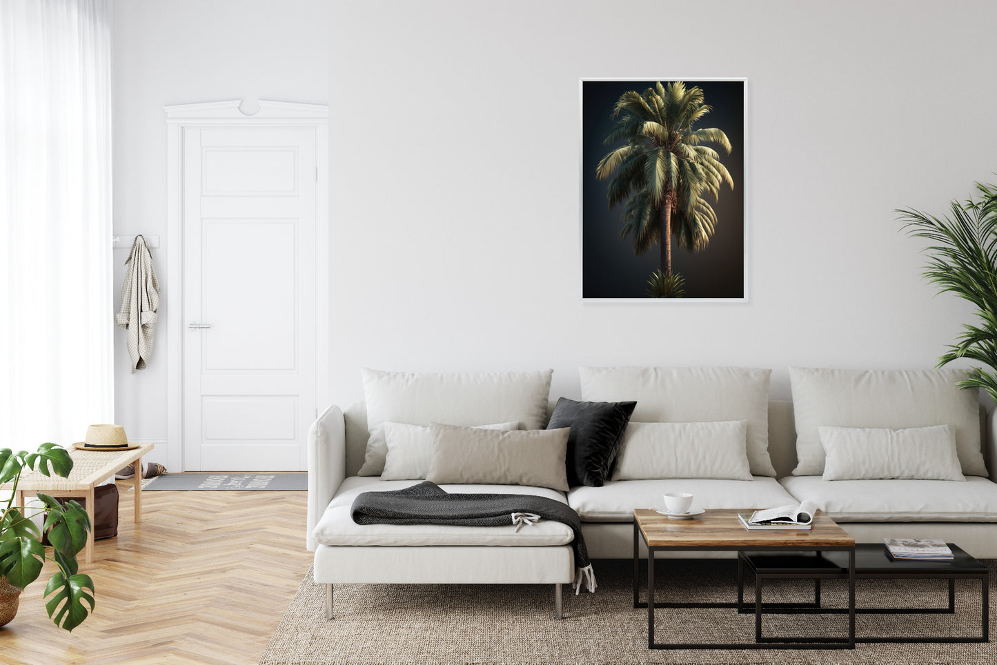 Poster Einsame Palme Auf Dunklem Hintergrund Rahmen Holz Mit Passepartout Farbe Natürlich