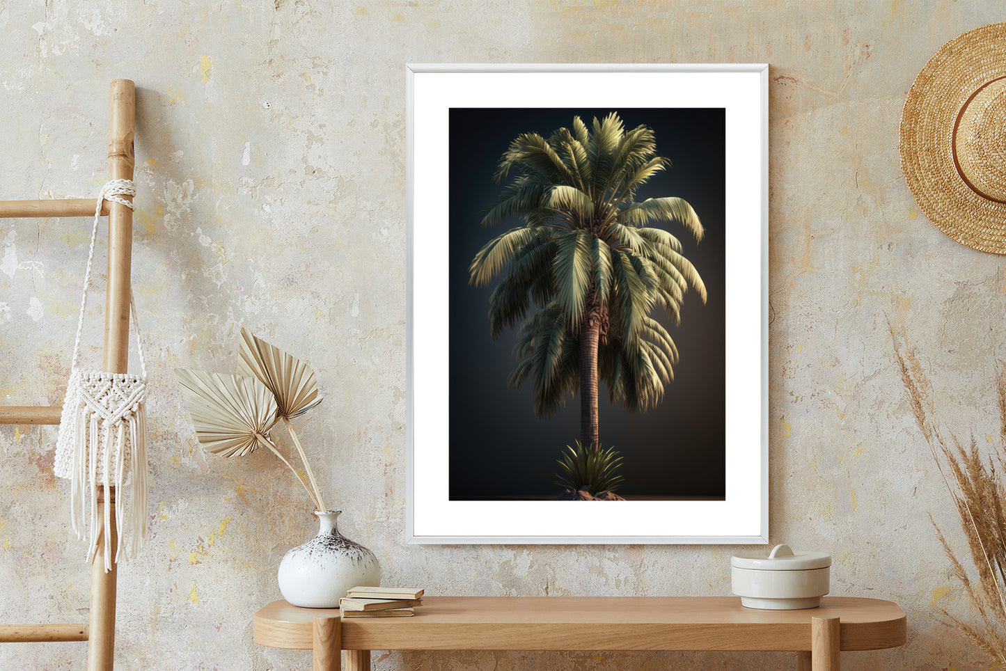 Poster Einsame Palme Auf Dunklem Hintergrund Rahmen Holz Mit Passepartout Farbe Natürlich