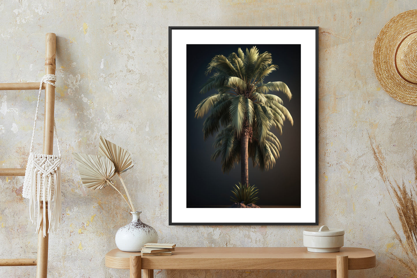 Poster Einsame Palme Auf Dunklem Hintergrund Rahmen Holz Mit Passepartout Farbe Natürlich
