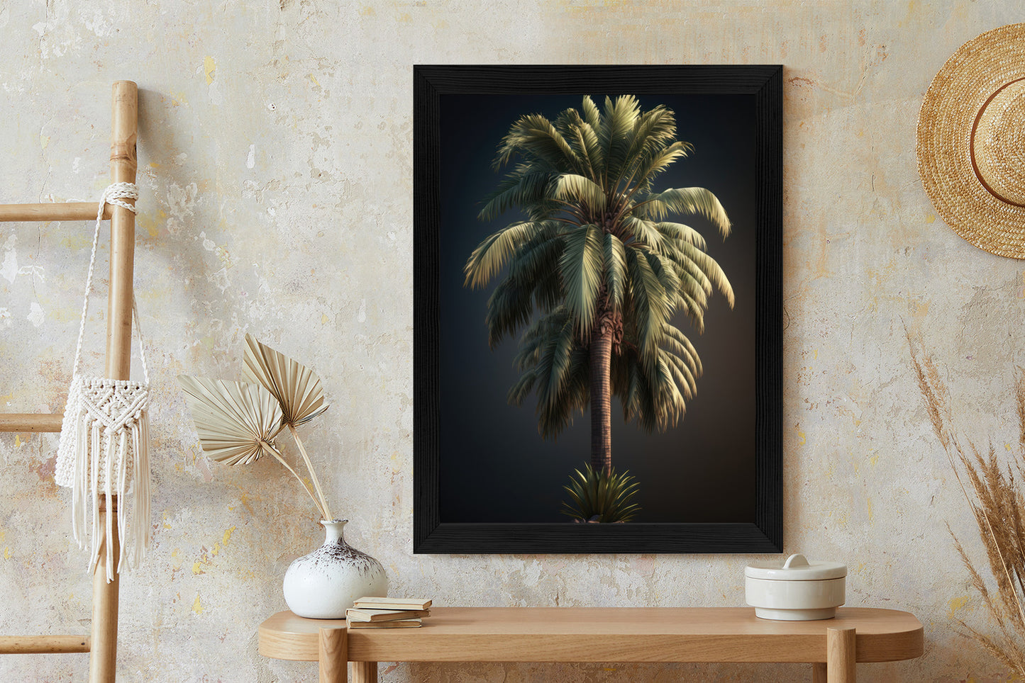 Poster Einsame Palme Auf Dunklem Hintergrund Rahmen Holz Mit Passepartout Farbe Natürlich