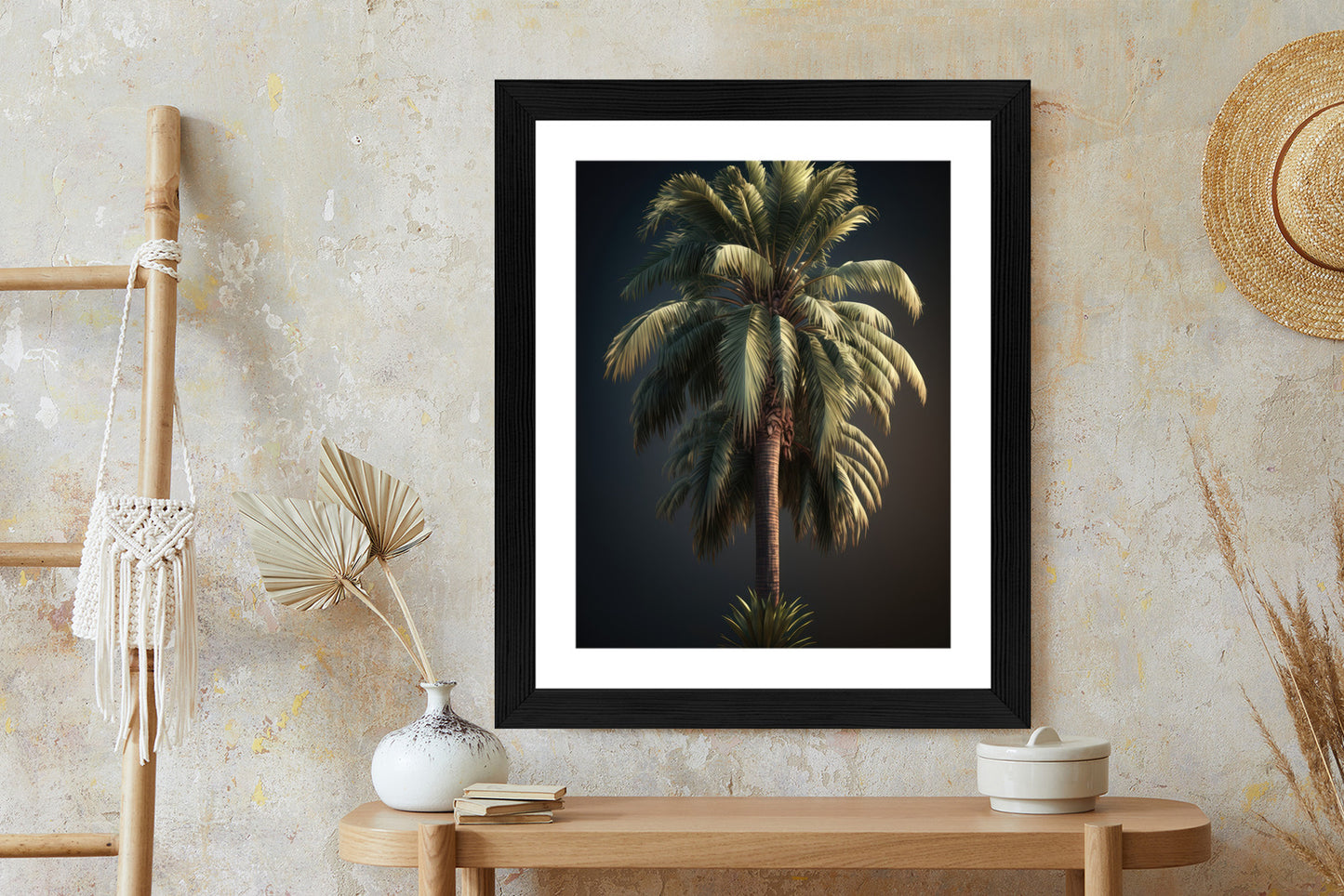 Poster Einsame Palme Auf Dunklem Hintergrund Rahmen Holz Mit Passepartout Farbe Natürlich