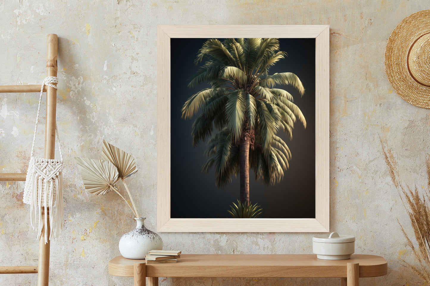 Poster Einsame Palme Auf Dunklem Hintergrund Rahmen Holz Mit Passepartout Farbe Natürlich