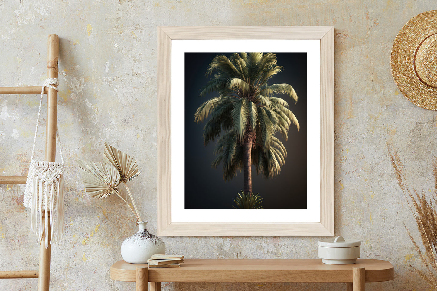 Poster Einsame Palme Auf Dunklem Hintergrund Rahmen Holz Mit Passepartout Farbe Natürlich