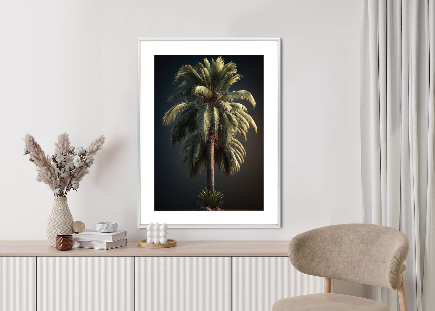 Poster Einsame Palme Auf Dunklem Hintergrund Rahmen Holz Mit Passepartout Farbe Natürlich