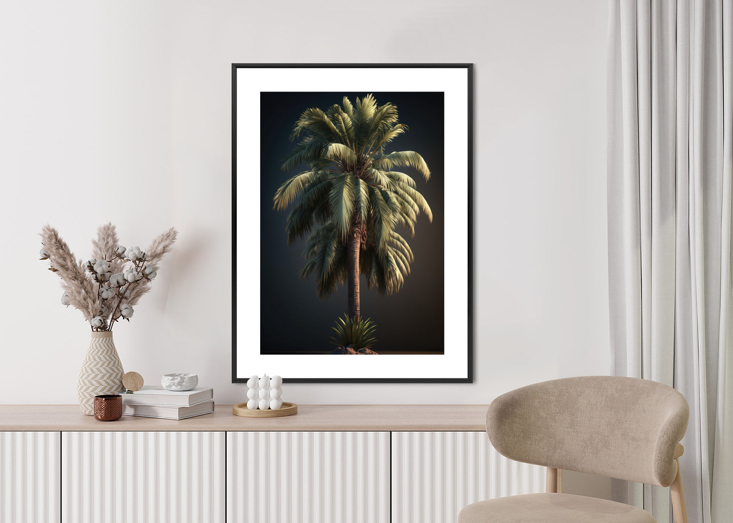 Poster Einsame Palme Auf Dunklem Hintergrund Rahmen Holz Mit Passepartout Farbe Natürlich