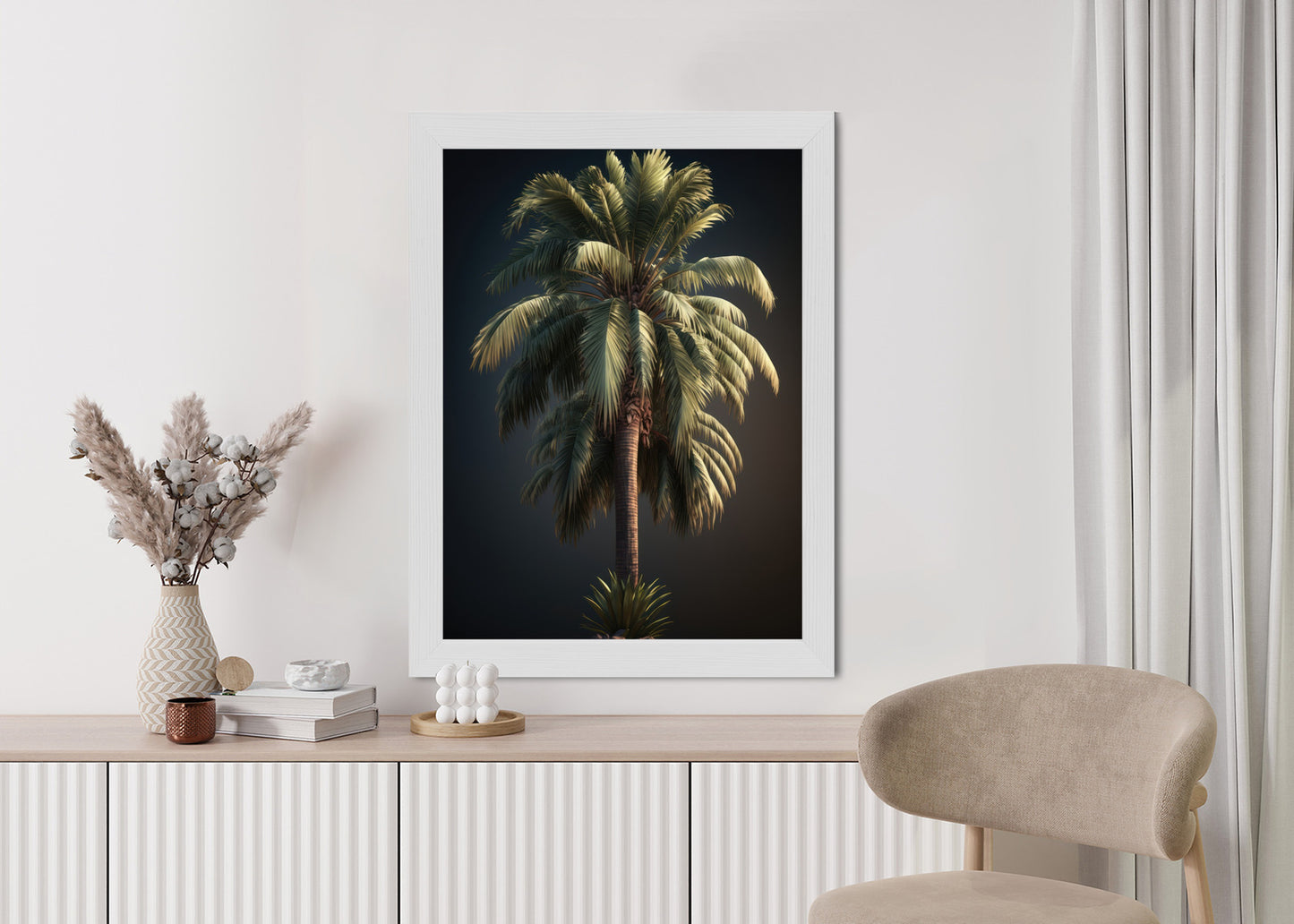 Poster Einsame Palme Auf Dunklem Hintergrund Rahmen Holz Mit Passepartout Farbe Natürlich