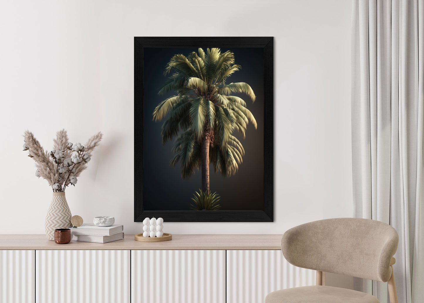 Poster Einsame Palme Auf Dunklem Hintergrund Rahmen Holz Mit Passepartout Farbe Natürlich