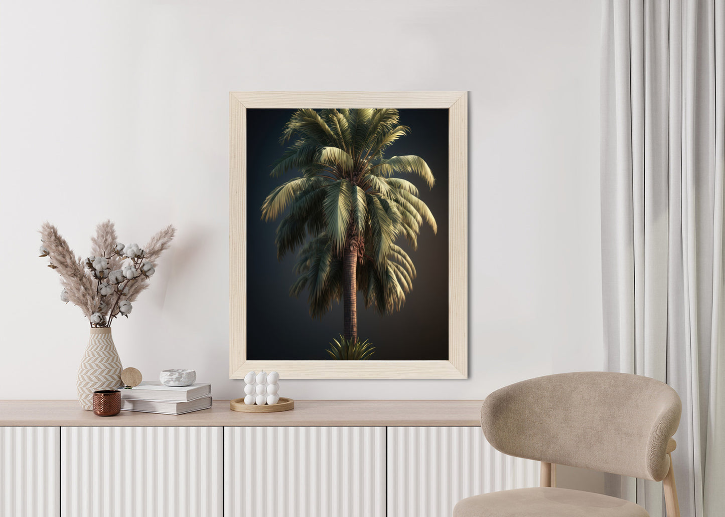 Poster Einsame Palme Auf Dunklem Hintergrund Rahmen Holz Mit Passepartout Farbe Natürlich