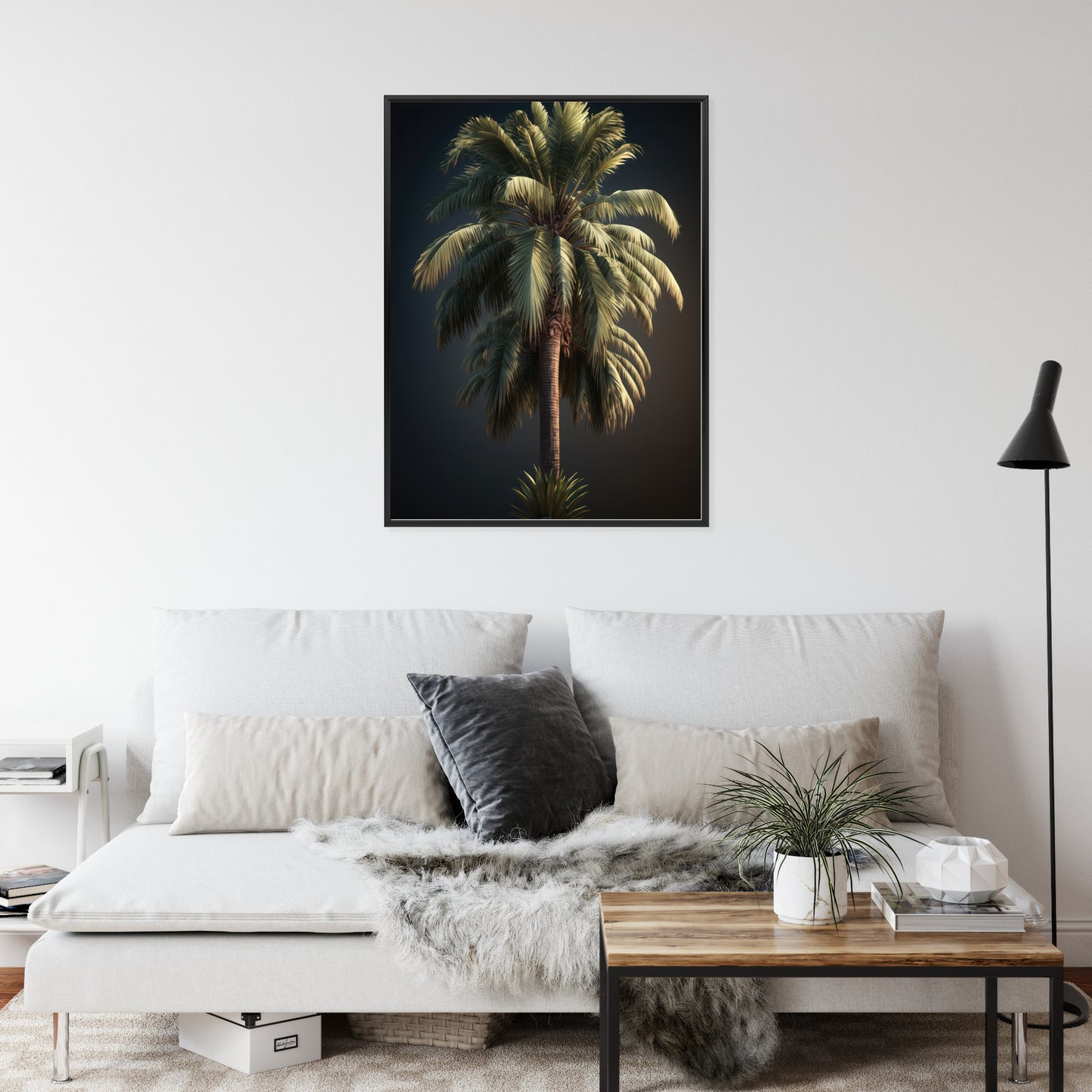Poster Einsame Palme Auf Dunklem Hintergrund Rahmen Holz Mit Passepartout Farbe Natürlich