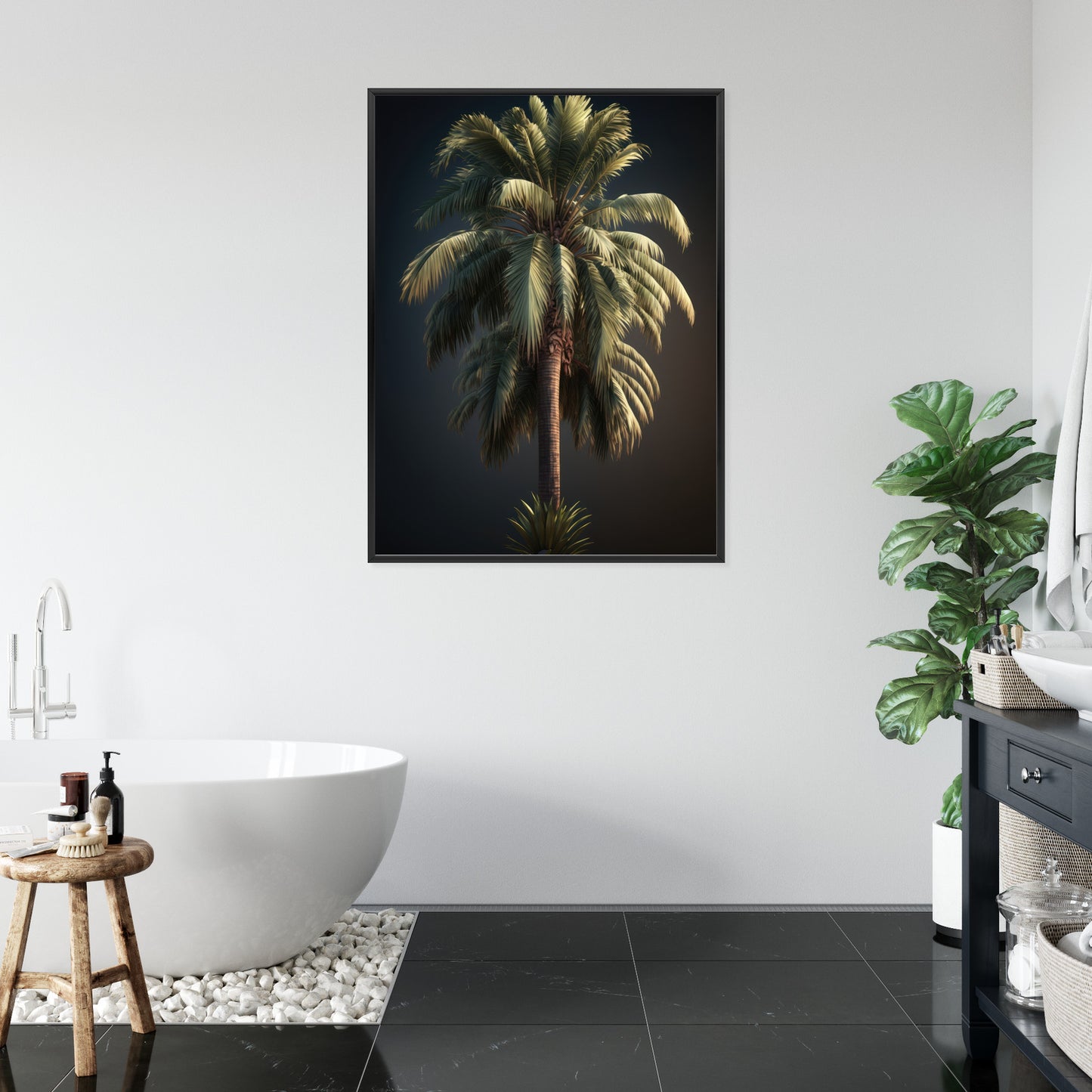 Poster Einsame Palme Auf Dunklem Hintergrund Rahmen Holz Mit Passepartout Farbe Natürlich