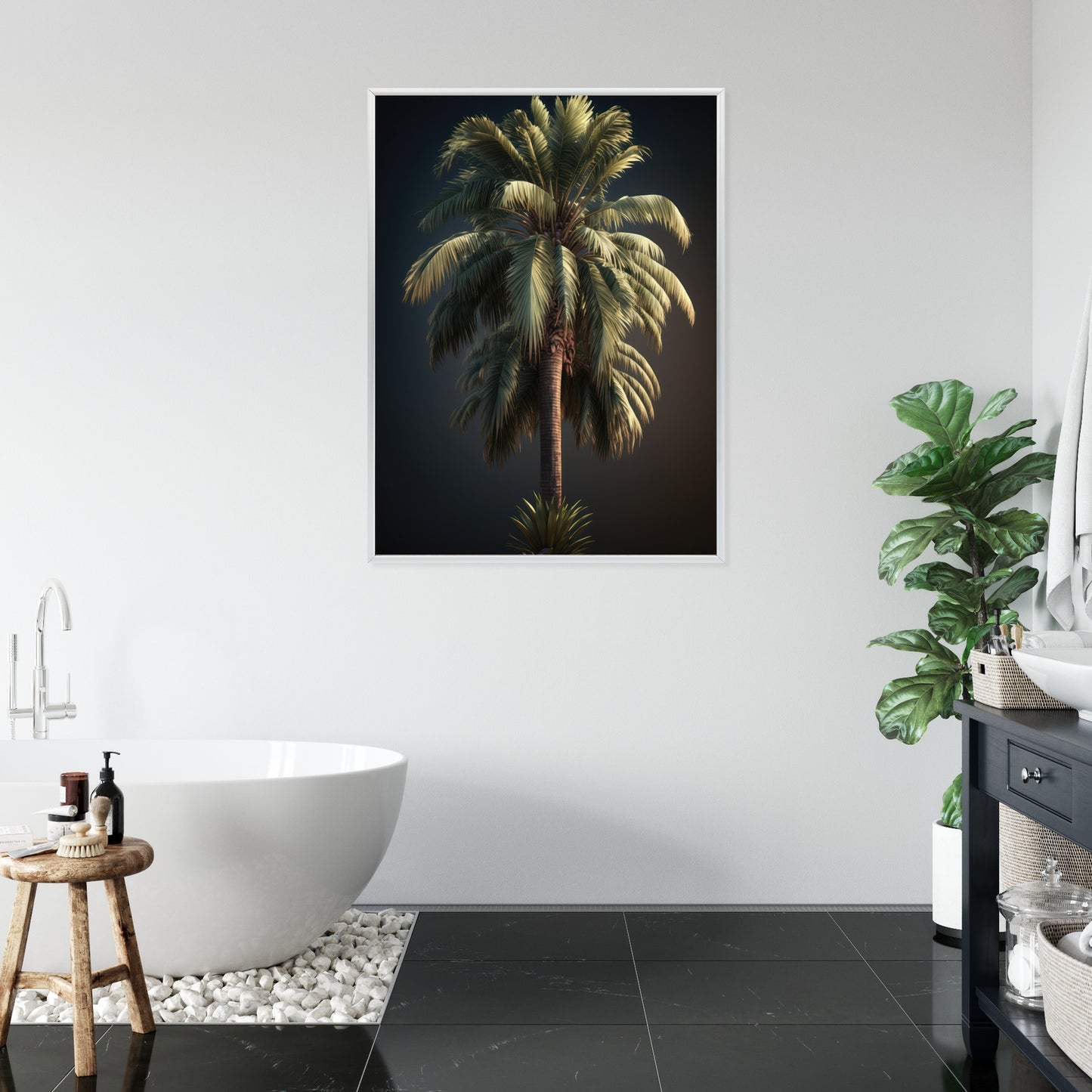 Poster Einsame Palme Auf Dunklem Hintergrund Rahmen Holz Mit Passepartout Farbe Natürlich