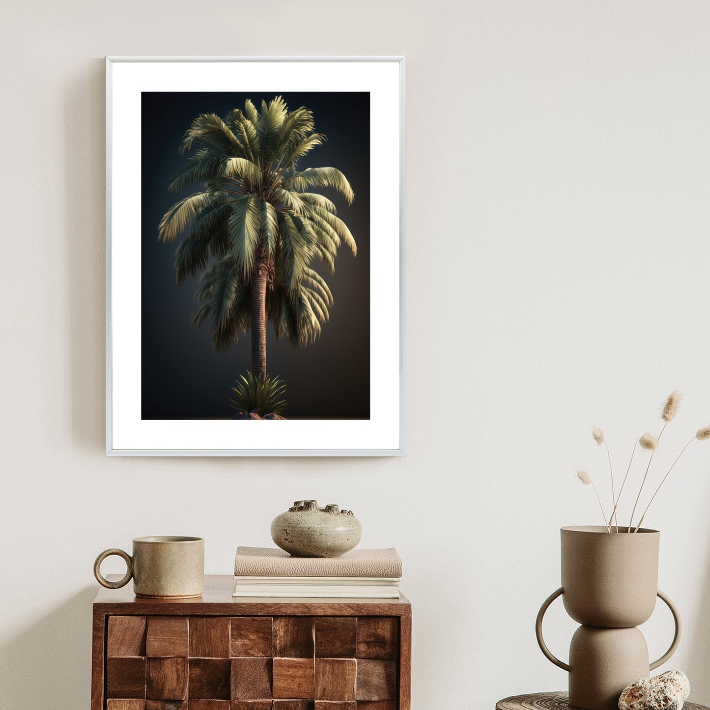 Poster Einsame Palme Auf Dunklem Hintergrund Rahmen Holz Mit Passepartout Farbe Natürlich