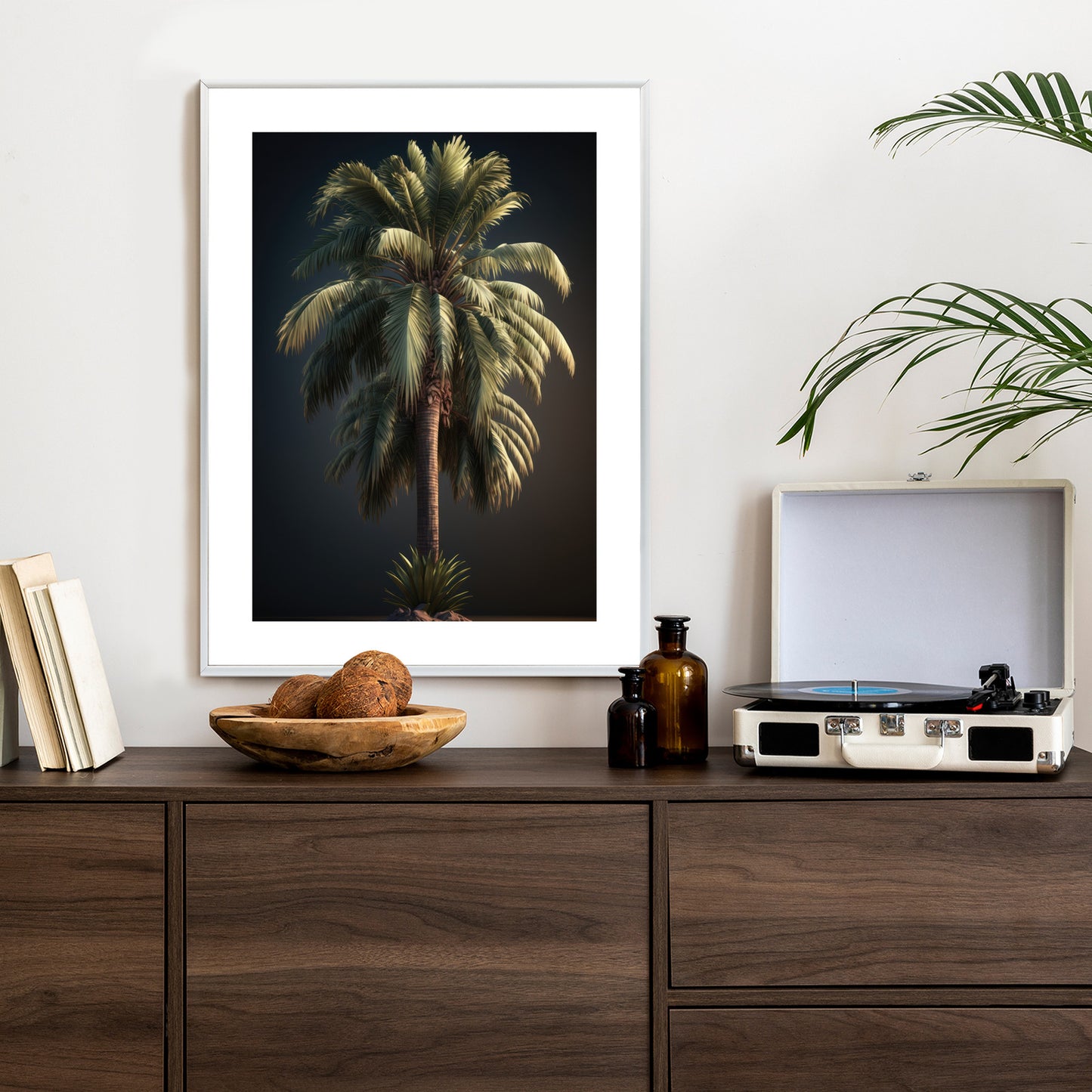 Poster Einsame Palme Auf Dunklem Hintergrund Rahmen Holz Mit Passepartout Farbe Natürlich