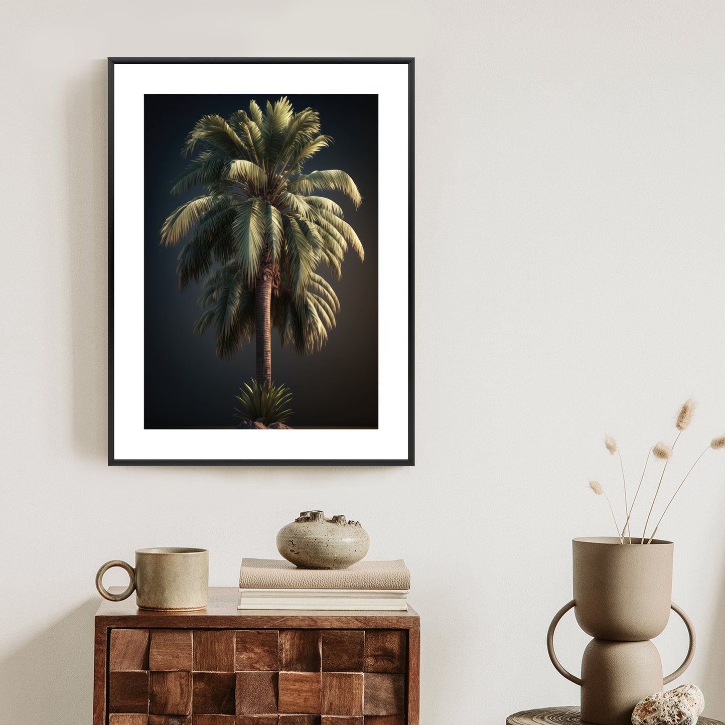 Poster Einsame Palme Auf Dunklem Hintergrund Rahmen Holz Mit Passepartout Farbe Natürlich