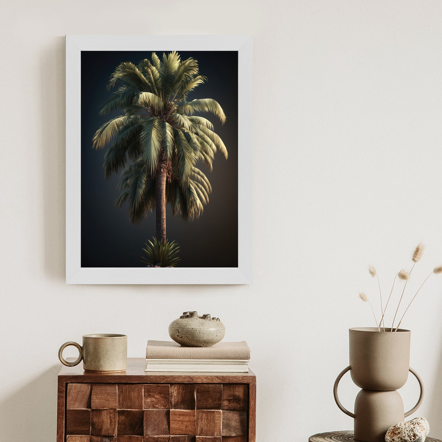 Poster Einsame Palme Auf Dunklem Hintergrund Rahmen Holz Mit Passepartout Farbe Natürlich