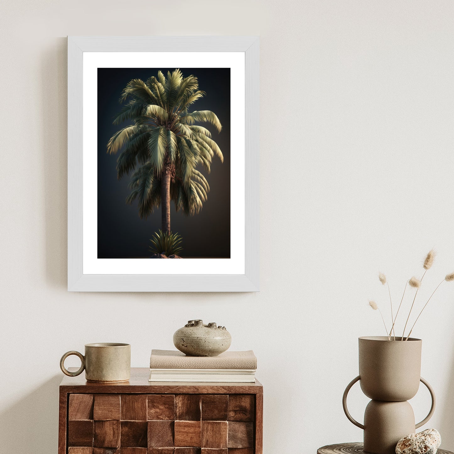 Poster Einsame Palme Auf Dunklem Hintergrund Rahmen Holz Mit Passepartout Farbe Natürlich