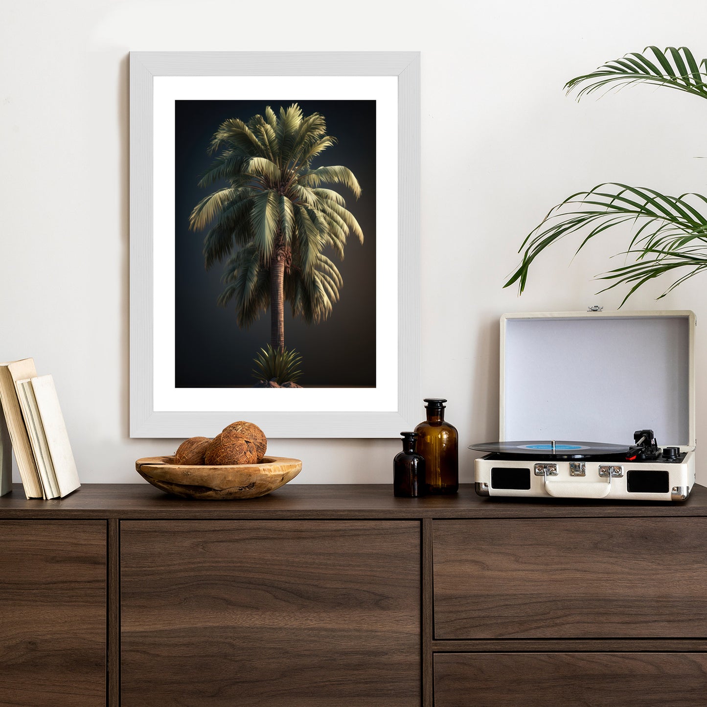 Poster Einsame Palme Auf Dunklem Hintergrund Rahmen Holz Mit Passepartout Farbe Natürlich