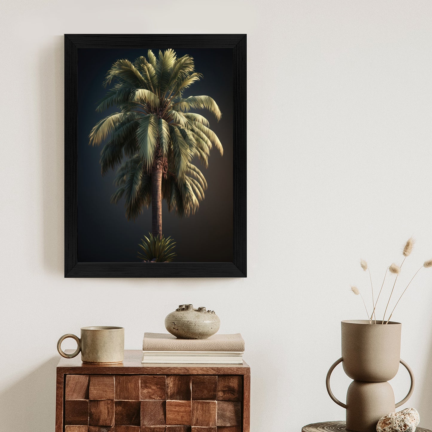 Poster Einsame Palme Auf Dunklem Hintergrund Rahmen Holz Mit Passepartout Farbe Natürlich
