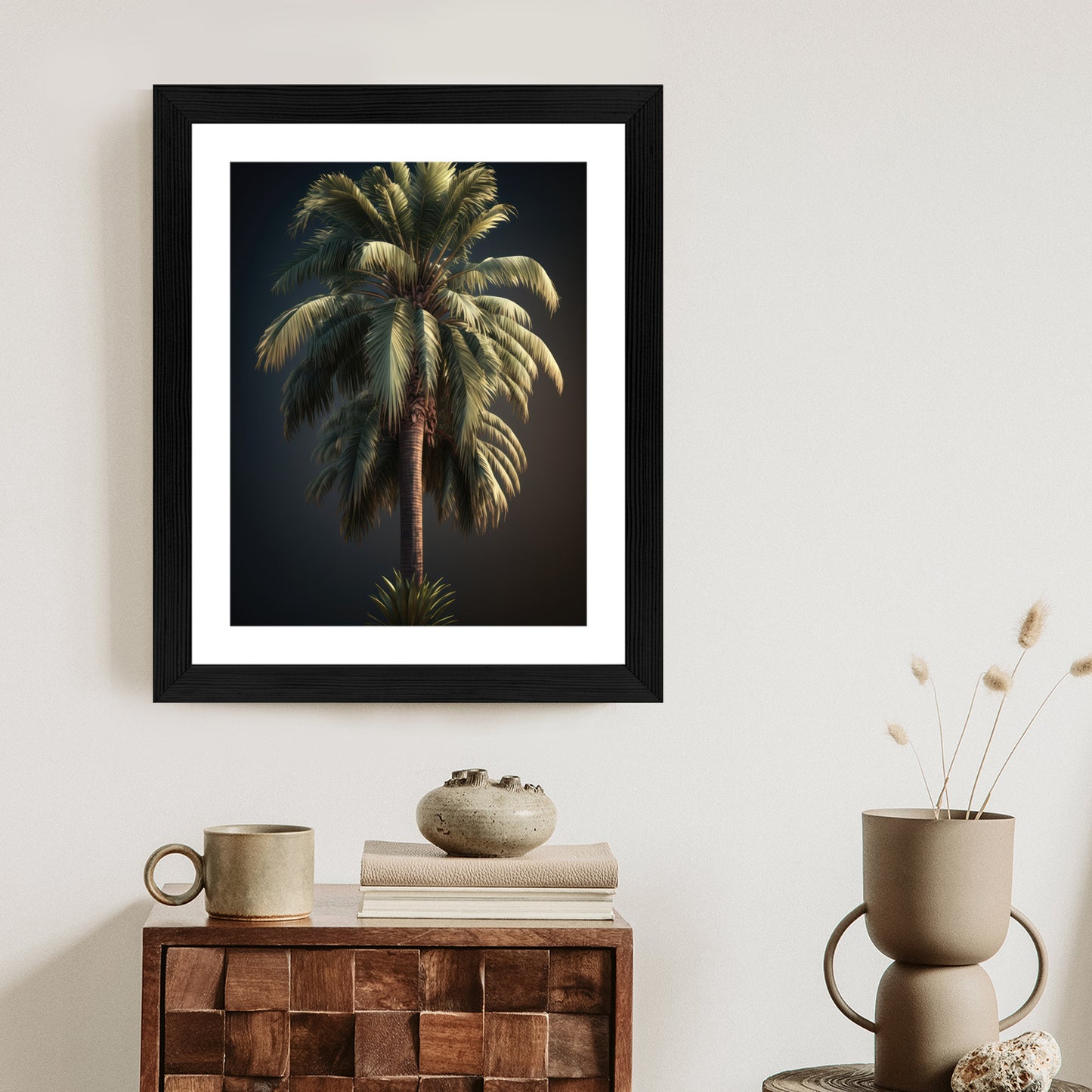 Poster Einsame Palme Auf Dunklem Hintergrund Rahmen Holz Mit Passepartout Farbe Natürlich