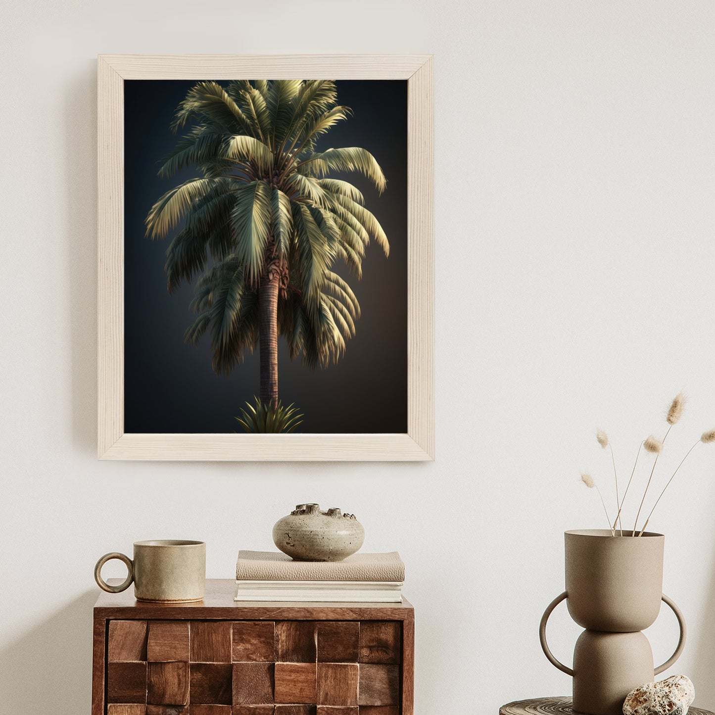 Poster Einsame Palme Auf Dunklem Hintergrund Rahmen Holz Mit Passepartout Farbe Natürlich