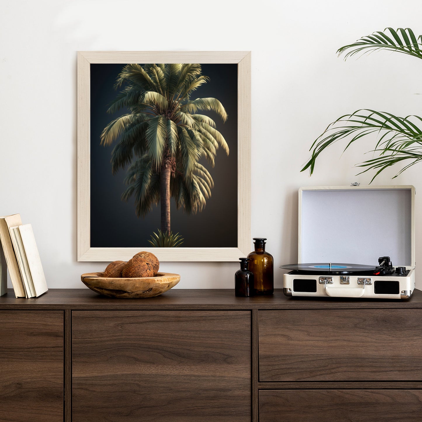 Poster Einsame Palme Auf Dunklem Hintergrund Rahmen Holz Mit Passepartout Farbe Natürlich