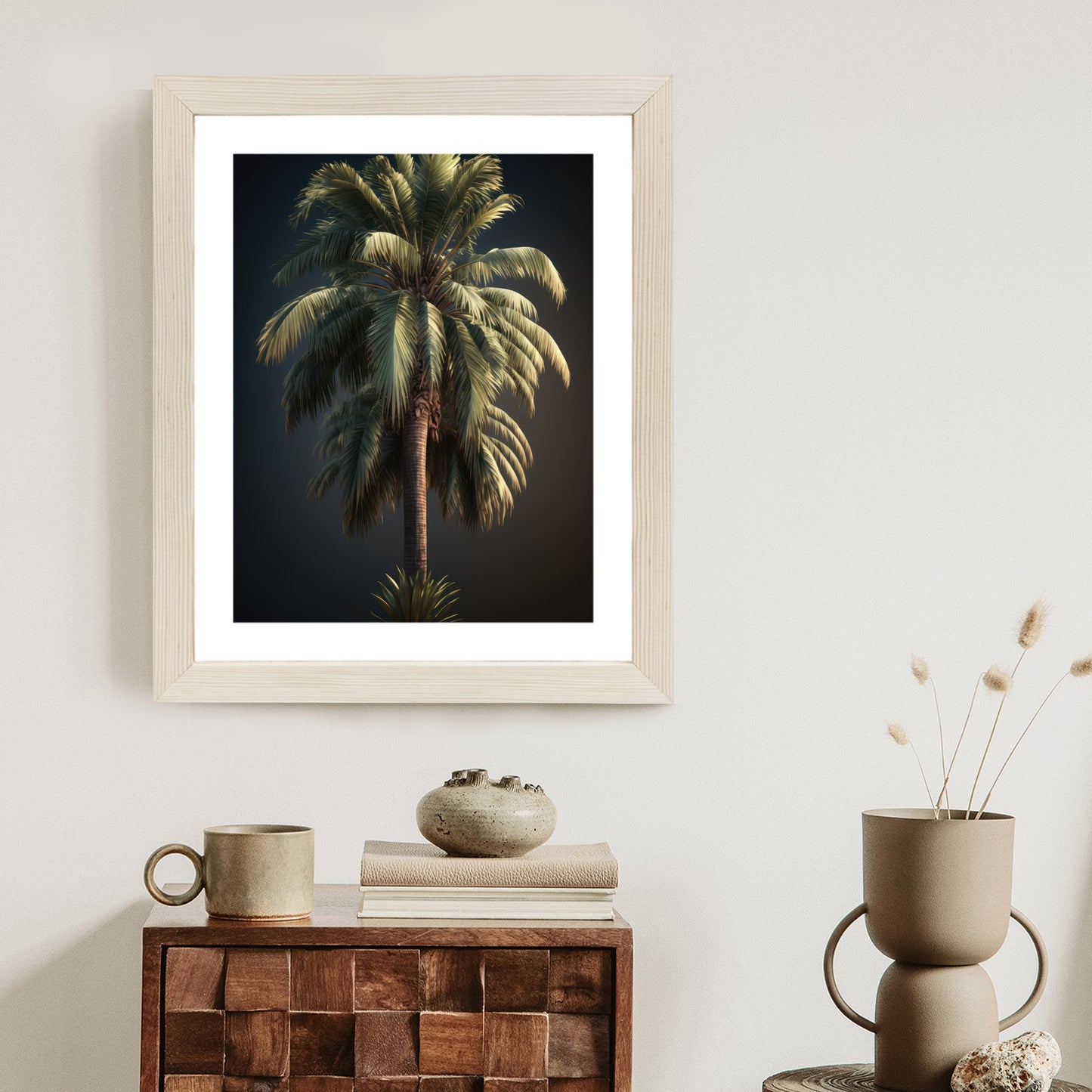 Poster Einsame Palme Auf Dunklem Hintergrund Rahmen Holz Mit Passepartout Farbe Natürlich